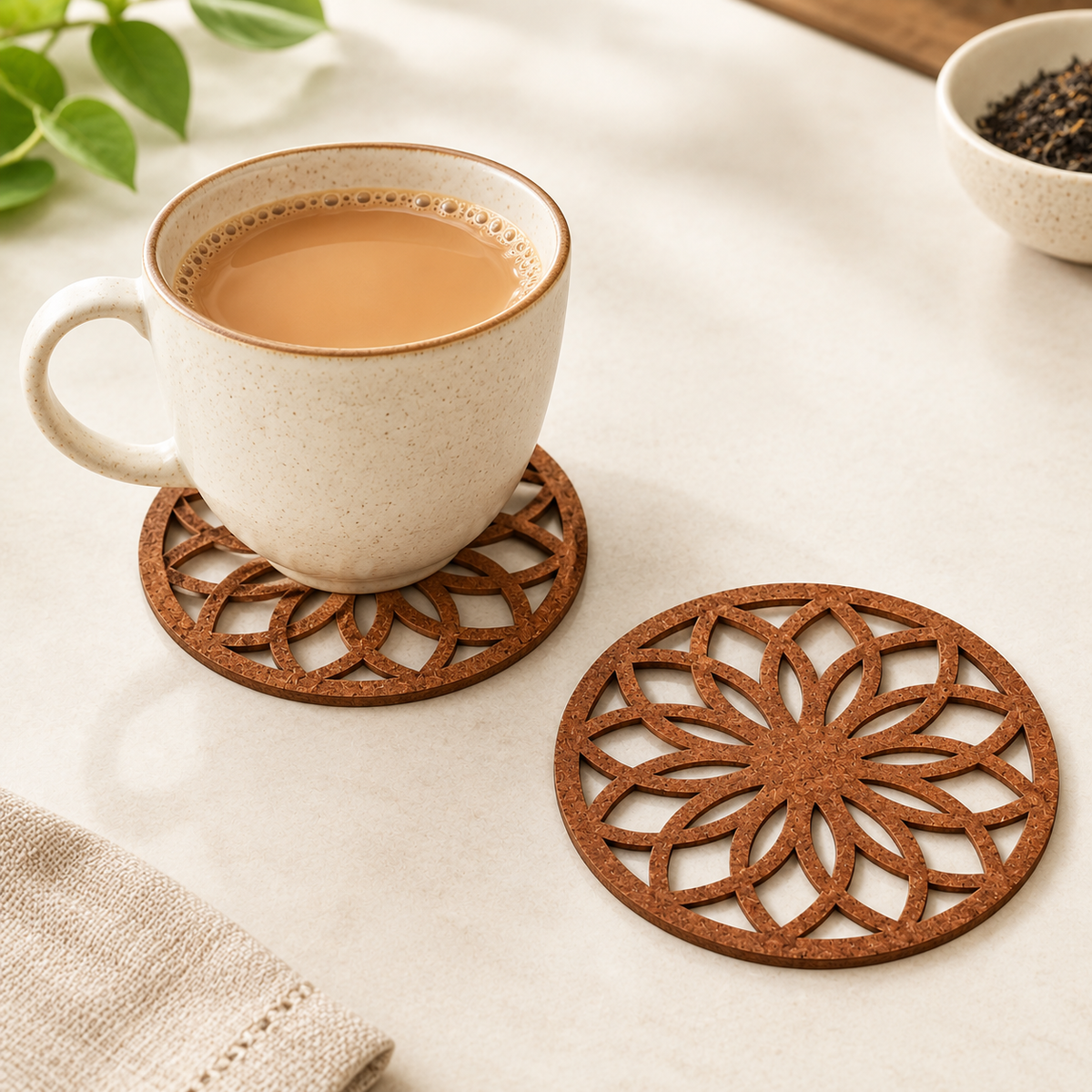 Rangoli Coaster (set of 6) -  Upcycled Rustic Hardboard Tea Coaster Set of 6 – Sustainable, Eco-Friendly, Water-Absorbent Coasters, No Adhesives, Reclaimed Wood Home Decor