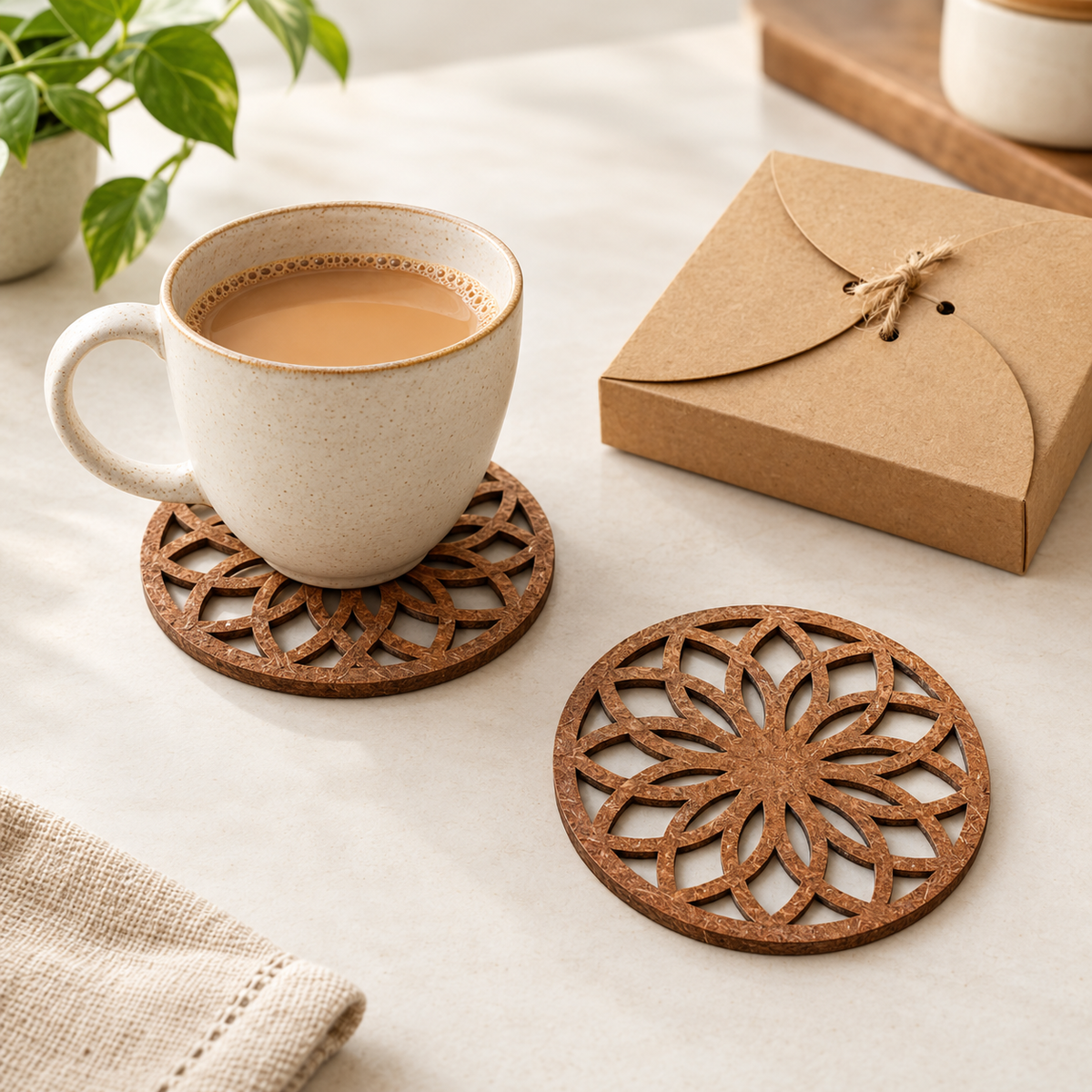 Rangoli Coaster (set of 6) -  Upcycled Rustic Hardboard Tea Coaster Set of 6 – Sustainable, Eco-Friendly, Water-Absorbent Coasters, No Adhesives, Reclaimed Wood Home Decor