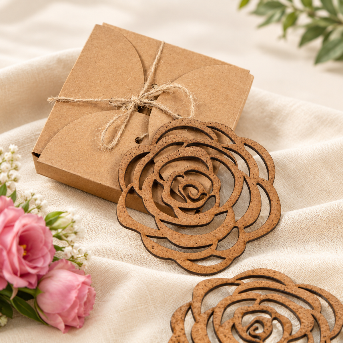 Rose Coaster (Set of 6) - Upcycled Rustic Hardboard Tea Coaster Set of 6 – Sustainable, Eco-Friendly, Water-Absorbent Coasters, No Adhesives, Reclaimed Wood Home Decor