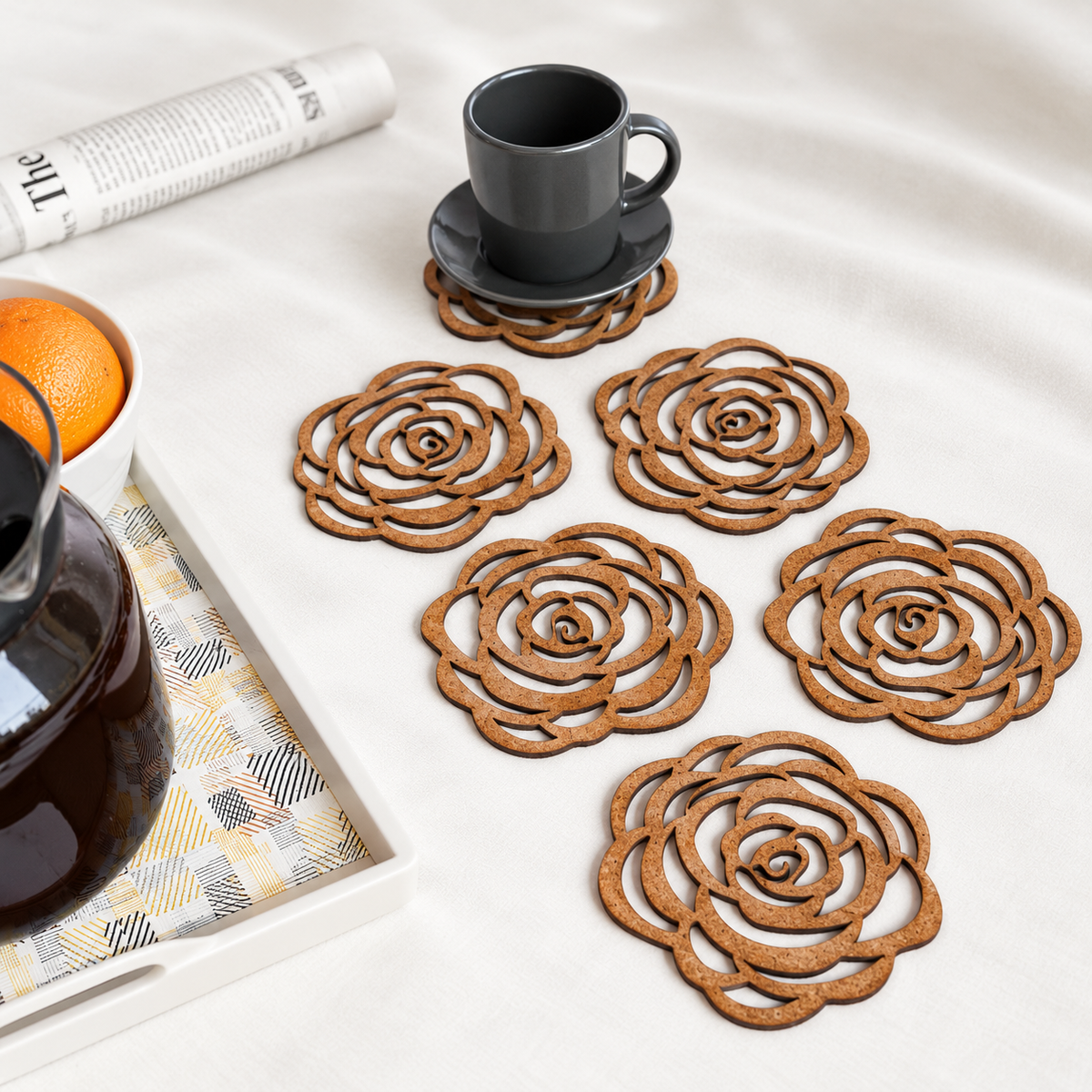 The Rosewood Gathering series  (Rosewood deck Rectangle Tray, Tablemat 4 No.s, Round Tray, Tissue paper box and Rose Tea Coaster set of 6)